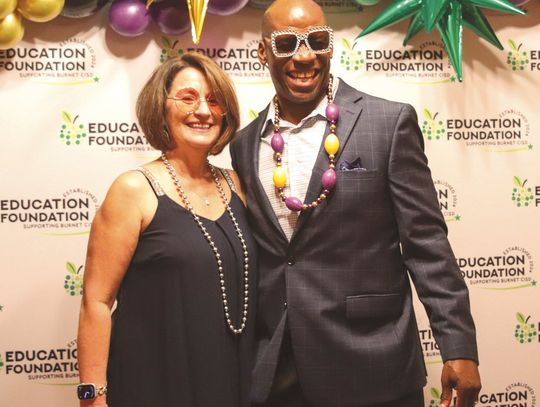 Tracey and Lance Gunn beamed with joy Feb. 8 at Wagon Springs Ranch during the Masquerade Gala, supporting the Burnet CISD Education Foundation.
