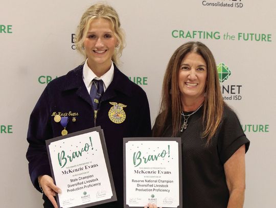 McKenzie Evans, pictured with Shelly Townsend, was recognized for earning State Champion Diversified Livestock Production Proficiency and Reserve National Champion Diversified Livestock Production Proficiency.