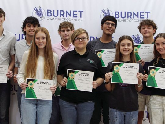 Burnet High School sophomores from left (back row) Scott Edwards, Bowen Raiford, Austin Moore, Benjamin Aguillon, Hays Bennett (front row) Savannah Griffin, Micha Schlosser, Aubrey Dean, and Ava Alexander were honored May 7 at the Breakfast of Champions. Photos by Martelle Luedecke/Luedeck...