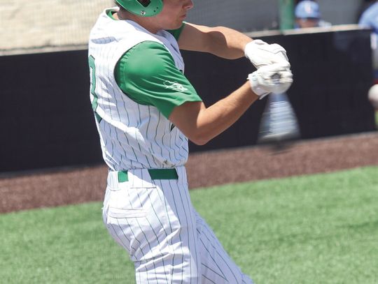 Above, Senior Cooper Alexander gets a hit against Leander to get on base. Photos by Jennifer Fierro/TexasChalkTalk.com