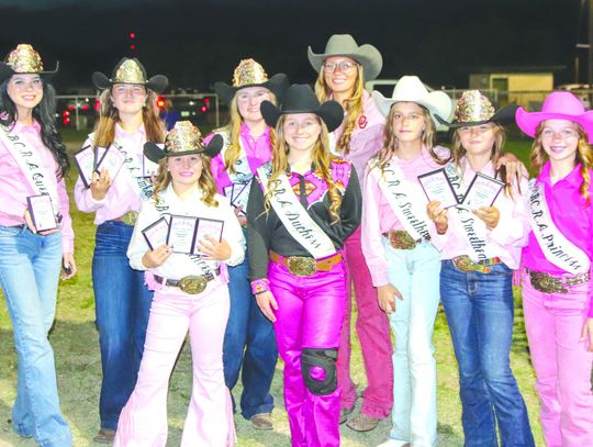 Burnet County Rodeo Royalty 2024 and 2025 courts posed for a group photo (from left, back row) Katelyn White, Payton Brandt, Tess Murders, Harley Brady (from left, front row) Emery Spratlen, Addison Steele, Aria Parks, Ally Brandt and Baylee Steele May 10 at the Burnet County Rodeo Arena....