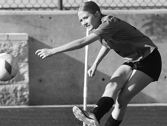 JV Lady Bulldog, Lillian Barnard sends a corner kick to a teammate during district play on Tuesday. Burnet’s JV defeated Lago Vista 5-1 and earned an undefeated district championships last week.