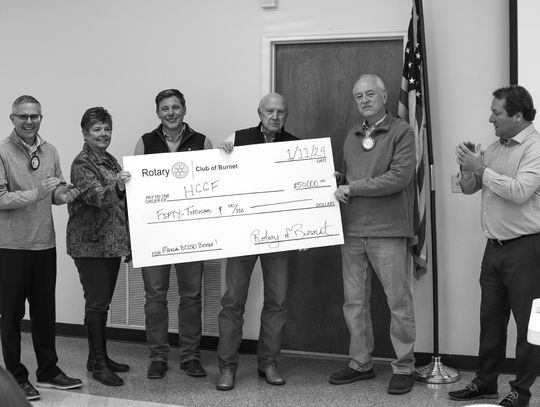 Photo by Martelle Luedecke/ Luedecke Photography Keith McBurnett, Earline Zimmerman, David Bennett, Cary Johnson, and Dennis Hoover accepted a $50,000 check from Matt McCracken, representing the Rotary Club of Burnet, for the Hill Country Community Foundation during a donation event at the...