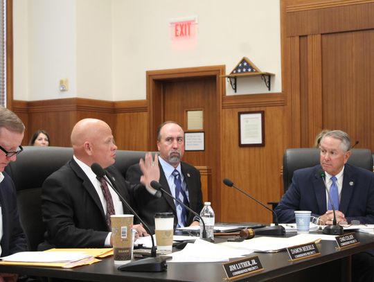 (From left) Pct. 1 Commissioner Jim Luther Jr., Pct. 2 Commissioner Damon Beierle, Pct. 3 Commissioner Chad Collier and Pct. 4 Commissioner Joe Don Dockery ask three county judge applicants various questions during the Feb. 11 meeting. Photos by Raymond V. Whelan/Bulletin