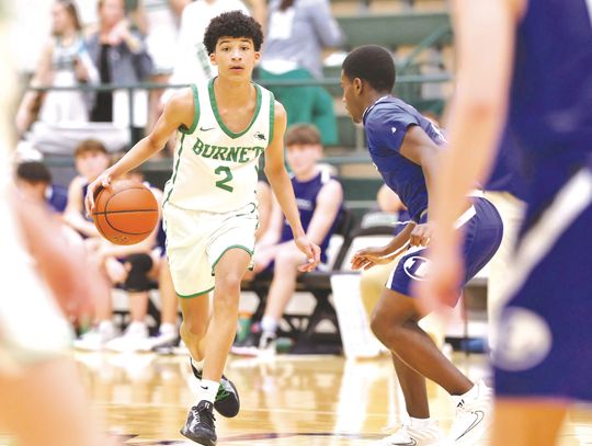 JV Bulldog basketball player, Cam Edwards, brings the ball down for Burnet during their Tuesday night home game versus Lampasas. Photo by Wayne Craig/Clear Memories