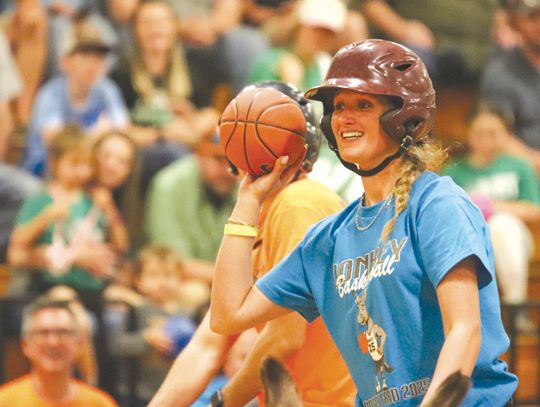 Ball in hand and perched atop her donkey, McKenzie Evans sized up the play during Donkey Basketball on April 17 at Burnet Middle School, supporting Project Graduation 2025. Martelle Luedecke/ Luedecke Photography