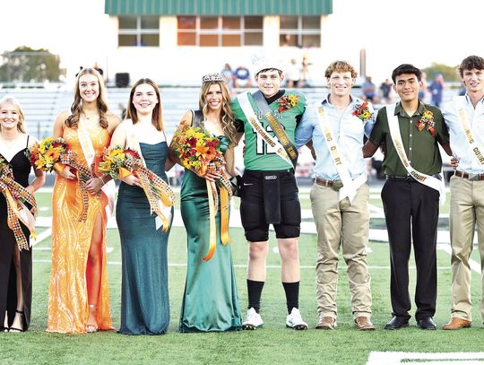Before kickoff on Friday night the 2024 Homecoming Court was honored at midfield. Pictured above (left to right) Adriana Briggs, Faith Green, Brogan Fox, Elaina Alexander-Mabrey, Queen Brooke Bowman, King Rhett Murray, Stellan Zollitsch, Juan Silva, Noah Crawford, and Victor Aviles.