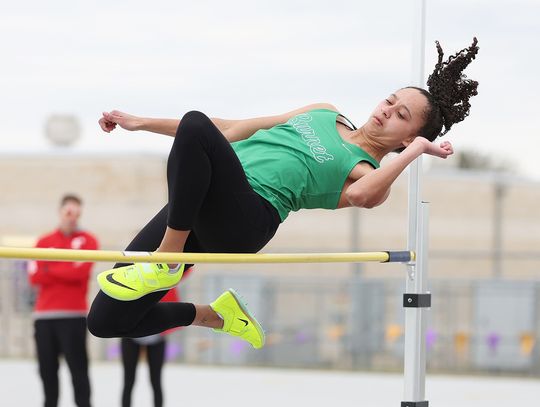 Varsity Lady Bulldog, Brooklynn Daniel, placed third at the Mustang Relays last week with a 4’10 high jump. Photo by Wayne Craig/Clear Memories