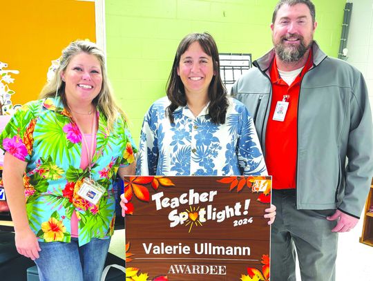 Another 2024 Teacher Spotlight award winner was Valerie Ullmann, standing between Brent Neal and Cindy Cox, both assistant principals at Burnet CISD. Contributed photos