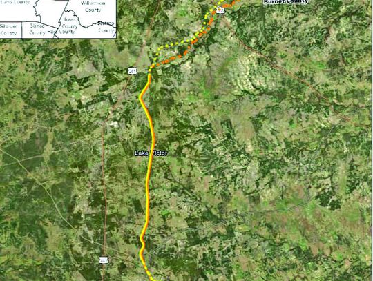 The proposal would revive 12.5 miles on previously abandoned right-of-way and construction of 14.4 miles on a new rail line through Burnet County. Contributed map