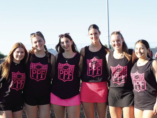 From left; Eleonora Picogna, Madison Willis, Mia Elias, Caroline Lunsford, Brogan Fox, and Jersey Menchaca smiled for the camera May 9 after the annual Burnet High School Powder Puff game.