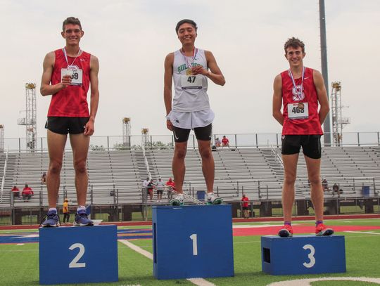 Above, Burnet senior Victor Aviles (center) holds the gold medal representing his Class 4A Region III championship in the 1,600 meters, while Salado senior Luke Anderson (left) holds the silver and junior Coulson Boyd wears the bronze.