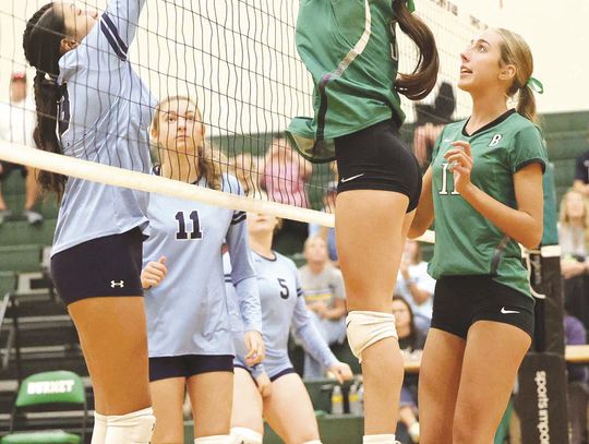 Wayne Craig/Clear Memories Freshman Brooklynn Dawes records a block versus Liberty Hill Legacy Ranch on Tuesday. The freshman girls won both of their games last week. Find the story and more Sports Inside.