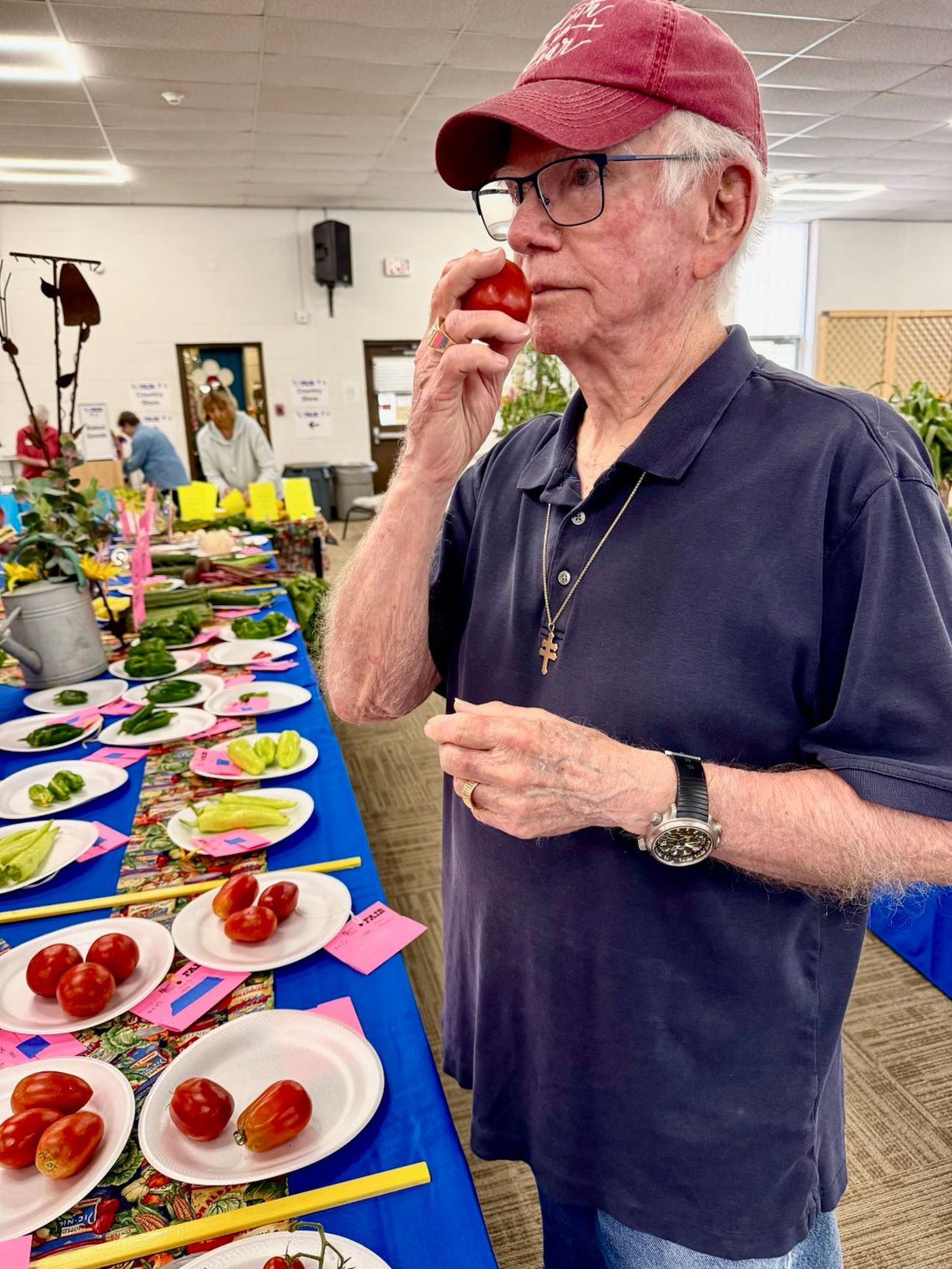Burnet County Area Fair Judge Bill Luedecke inspects a tomato entry June 12. Photo by Martelle Luedecke/Luedecke Photography