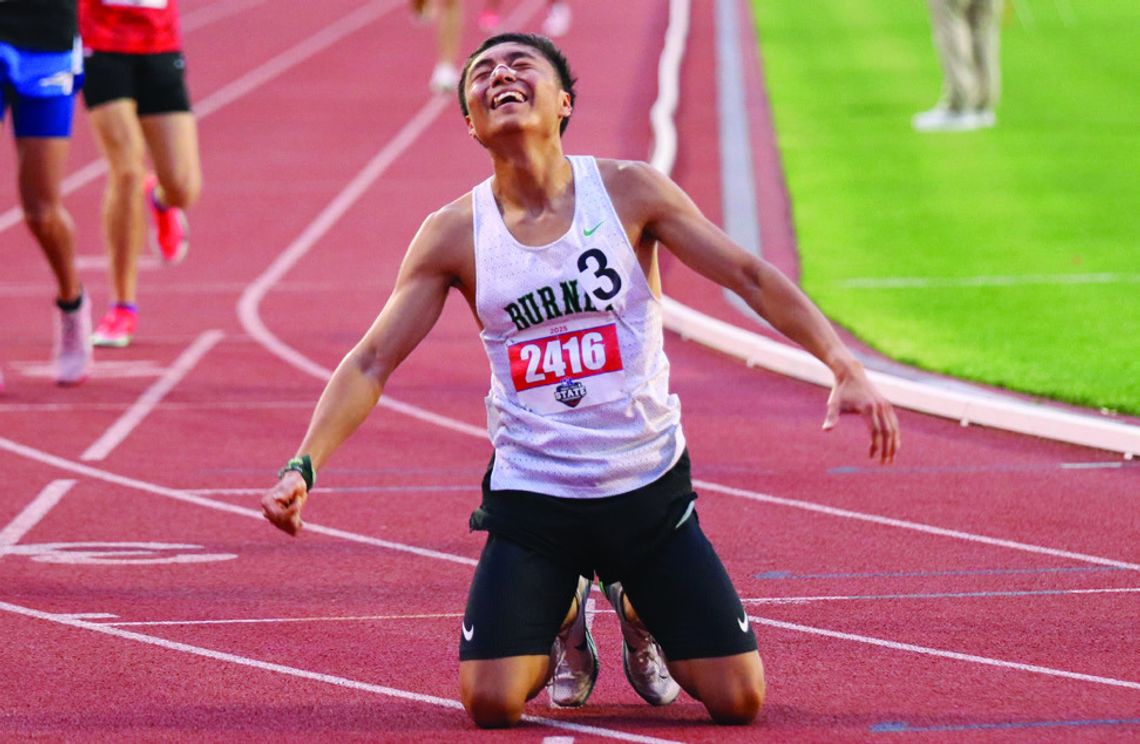 Victor Aviles soaks in the moment after winning the 1,600 meters at the Class 4A State Track Meet in Austin May 1 to cap off an incredible day that included a gold medal in the 800 meters and silver in the 3,200 meters. Photos by Martelle Luedecke/Luedecke Photography