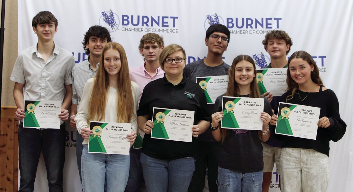Bulldogs’ Breakfast of Champions Burnet High School sophomores from left (back row) Scott Edwards, Bowen Raiford, Austin Moore, Benjamin Aguillon, Hays Bennett (front row) Savannah Griffin, Micha Schlosser, Aubrey Dean, and Ava Alexander were honored May 7 at the Breakfast of Champions. Photos by Martelle Luedecke/Luedeck...
