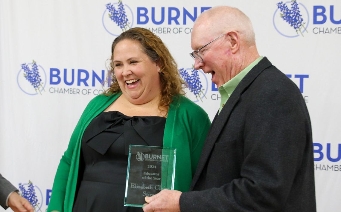 Burnet CISD Superintendent Aaron Pena highlighted the achievements of Elizabeth Claire Stires, the 2025 Burnet CISD Educator of the Year, when receiving her award from Mark Kincaid. Find more photos on Page 14.
