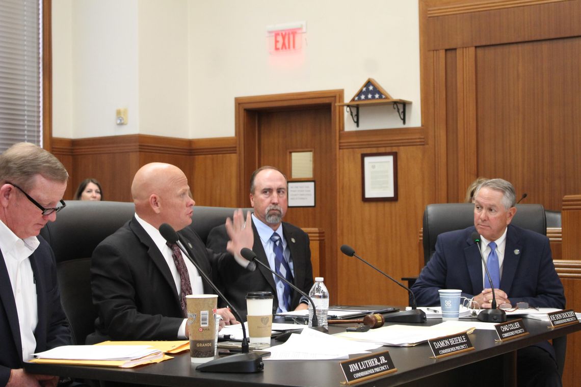 (From left) Pct. 1 Commissioner Jim Luther Jr., Pct. 2 Commissioner Damon Beierle, Pct. 3 Commissioner Chad Collier and Pct. 4 Commissioner Joe Don Dockery ask three county judge applicants various questions during the Feb. 11 meeting. Photos by Raymond V. Whelan/Bulletin