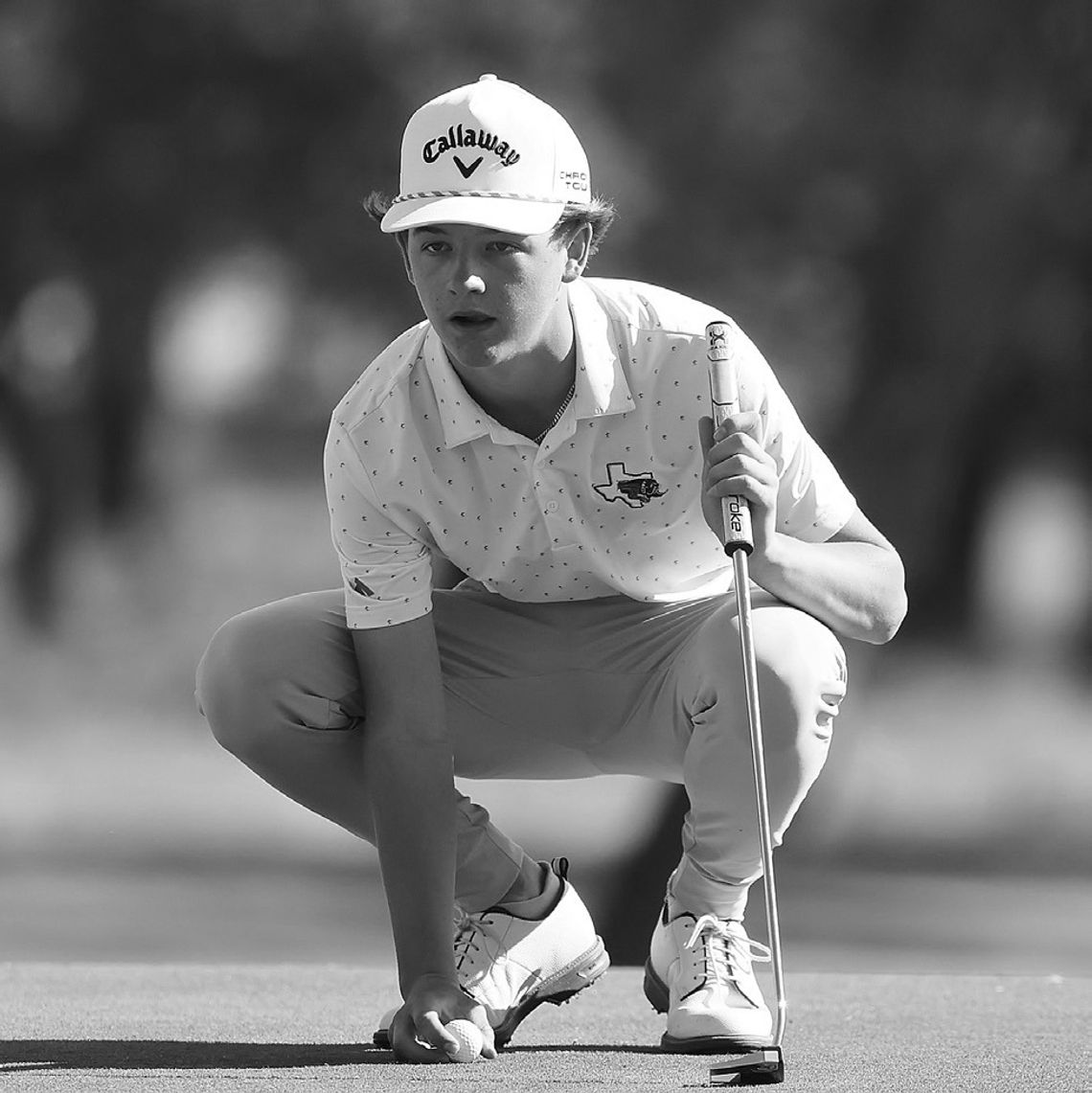 While placing his ball on the green Hays Bennett gets down to study the lie. Bennett finished the hole with a birdie and shot a team best 84. Photos by Wayne Craig/Clear Memories