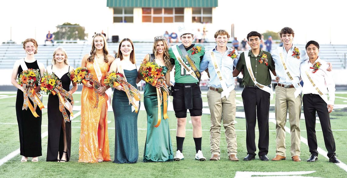 Before kickoff on Friday night the 2024 Homecoming Court was honored at midfield. Pictured above (left to right) Adriana Briggs, Faith Green, Brogan Fox, Elaina Alexander-Mabrey, Queen Brooke Bowman, King Rhett Murray, Stellan Zollitsch, Juan Silva, Noah Crawford, and Victor Aviles.