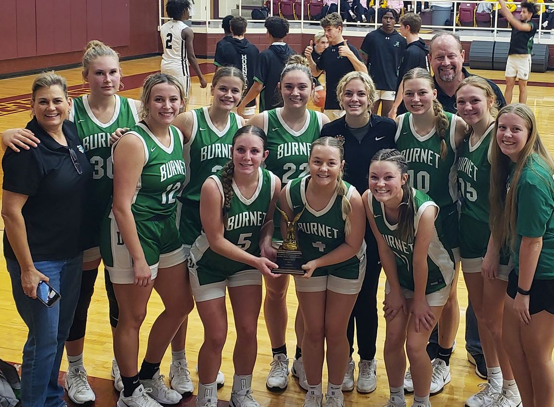 Burnet’s varsity Lady Bulldog basketball team went 3-1 at the Fairfield Invite claiming the championship in the silver bracket. Pictured above, back row (left to right) Coach Lisa Skupin, Emma Hashbarger, Sierra Schaefer, Breanne Hudgins, Cydney Robison, Kloe Shannon, Wrigley Mulhollan, Co...