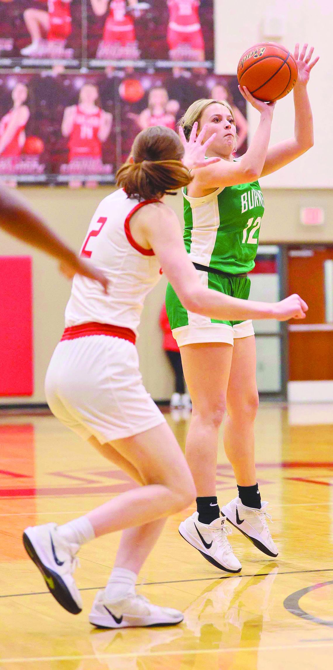 Lady Dawg, Sierra Schaefer (12) quickly showed Salado why they should respect her shot. Schaefer and her squad evened the score with the Lady eagles with a 42-29 win and they are currently in sole possession of first in 24-4A play.
