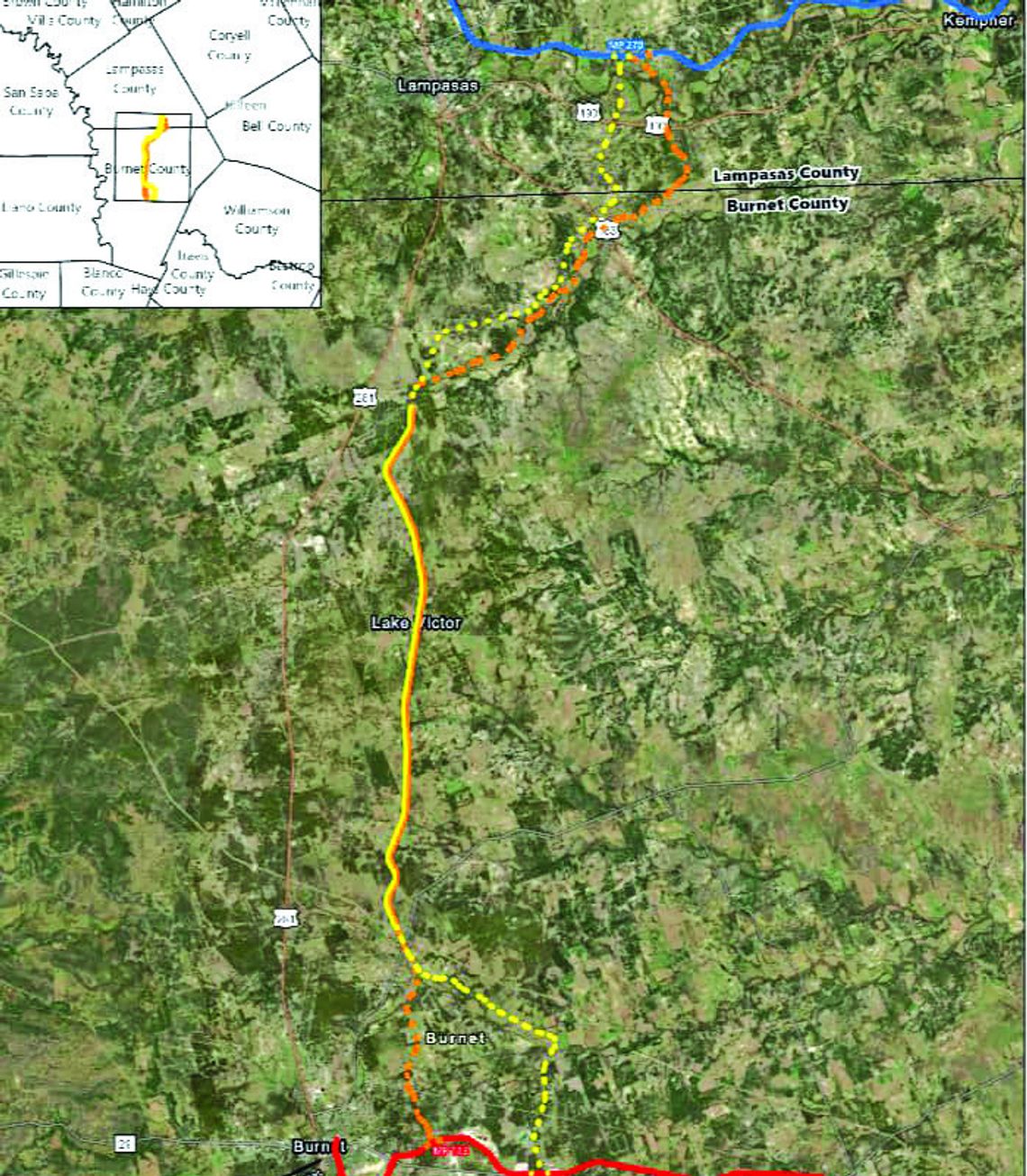The proposal would revive 12.5 miles on previously abandoned right-of-way and construction of 14.4 miles on a new rail line through Burnet County. Contributed map