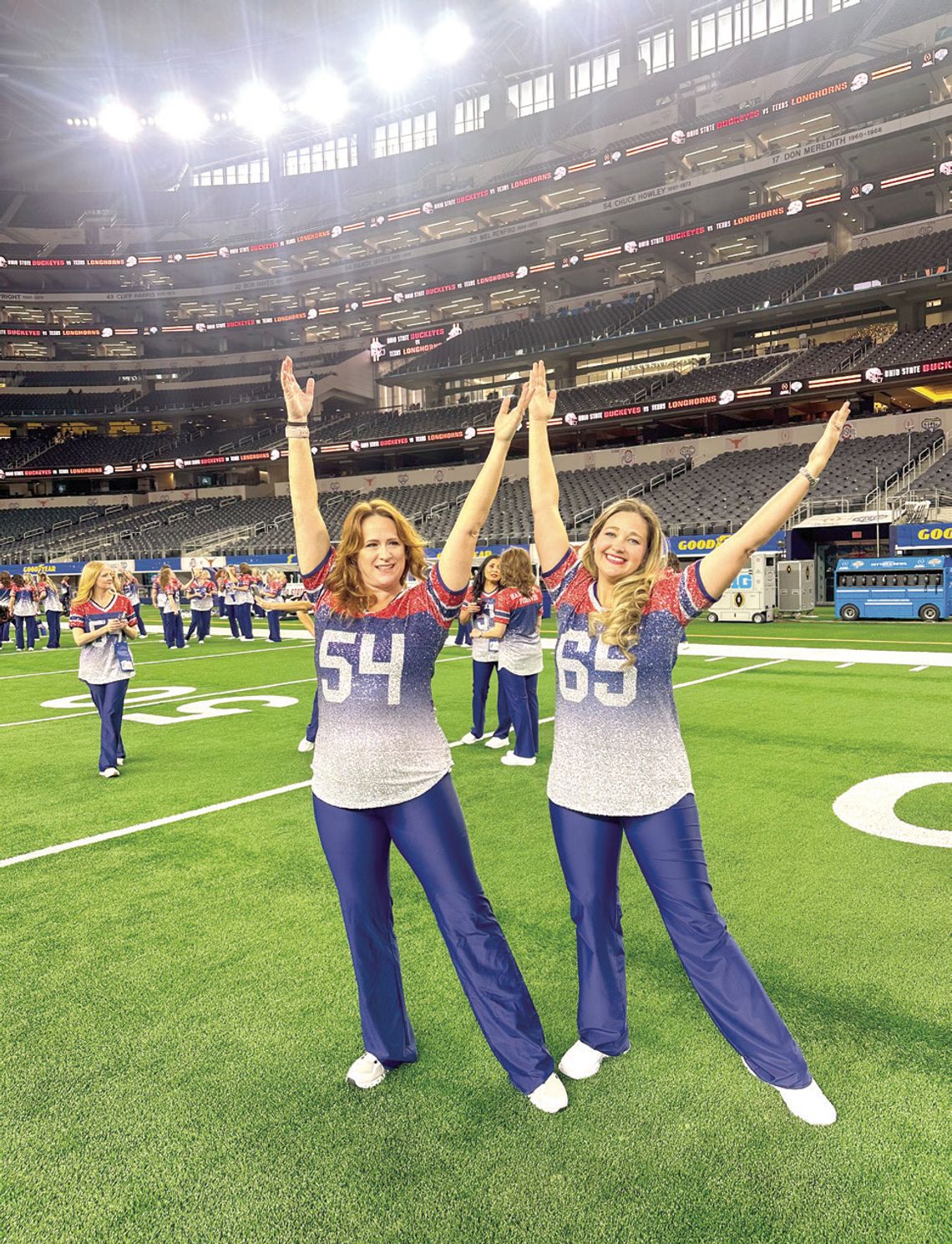 Burnet High School counselor Karen Traver-Shively and Burnet High School Highlandette Director Caity Clinton performed Jan. 11 with the Kilgore Rangerettes at the Cotton Bowl. Contributed/Caity Clinton