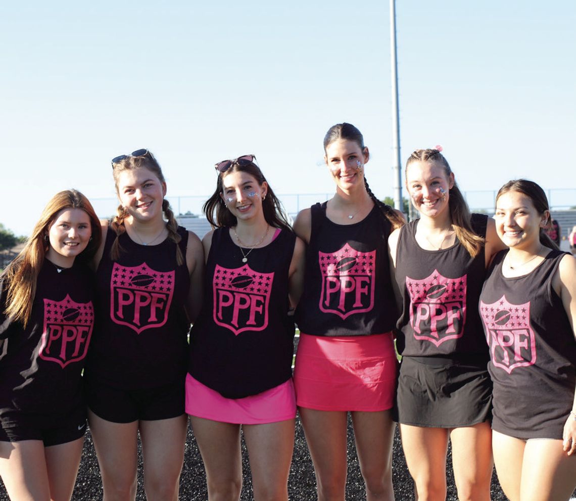 From left; Eleonora Picogna, Madison Willis, Mia Elias, Caroline Lunsford, Brogan Fox, and Jersey Menchaca smiled for the camera May 9 after the annual Burnet High School Powder Puff game.