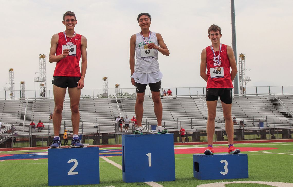 Above, Burnet senior Victor Aviles (center) holds the gold medal representing his Class 4A Region III championship in the 1,600 meters, while Salado senior Luke Anderson (left) holds the silver and junior Coulson Boyd wears the bronze.
