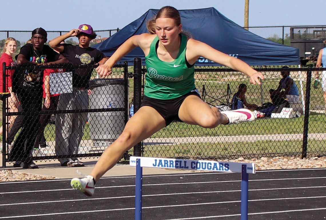 Above, junior hurdler Wrigley Mulhollan made sure to set a new personal record at the area meet. Photos by Martelle Luedecke/Luedecke Photography