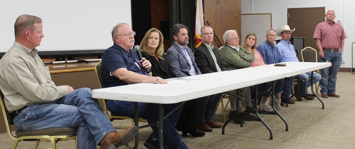 From left, Burnet County Commissioner Pct. 1 Jim Luther Jr., County Elections Administrator Doug Ferguson, Hart Civic representatives Felice Liston, Sam Derheimer, Rich Geppert, Gillespie County Elections Administrator Jim Riley, Gillespie County Clerk Lindsey Brown, Pct. 4 Commissioner Jo...