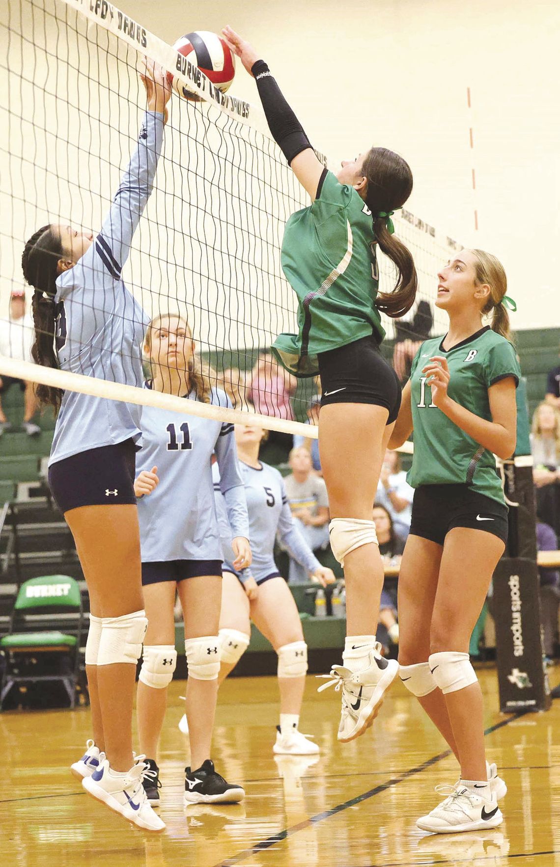 Wayne Craig/Clear Memories Freshman Brooklynn Dawes records a block versus Liberty Hill Legacy Ranch on Tuesday. The freshman girls won both of their games last week. Find the story and more Sports Inside.